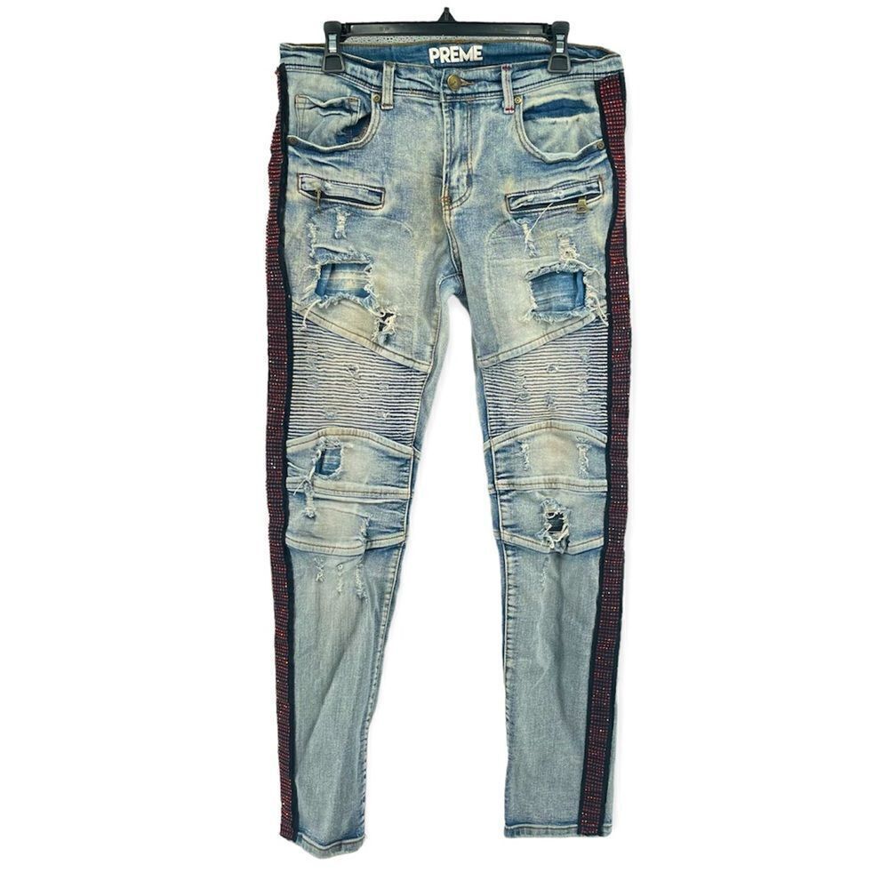 Preme Men’s Light Wash Rhinestone Side Stripe Moto Denim Skinny Jeans Size 32